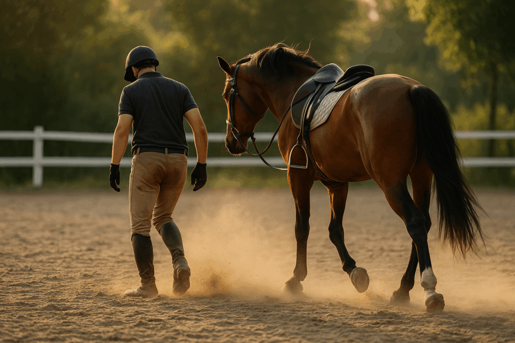 Cavalier se relevant après une chute de cheval, symbole de courage et de reprise de confiance