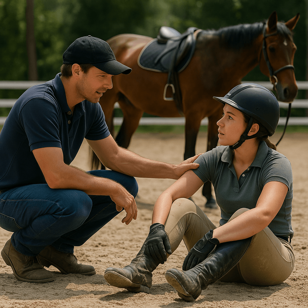  Moniteur d’équitation soutenant un élève après une chute, illustrant l’importance d’accueillir la peur avant de remonter à cheval.