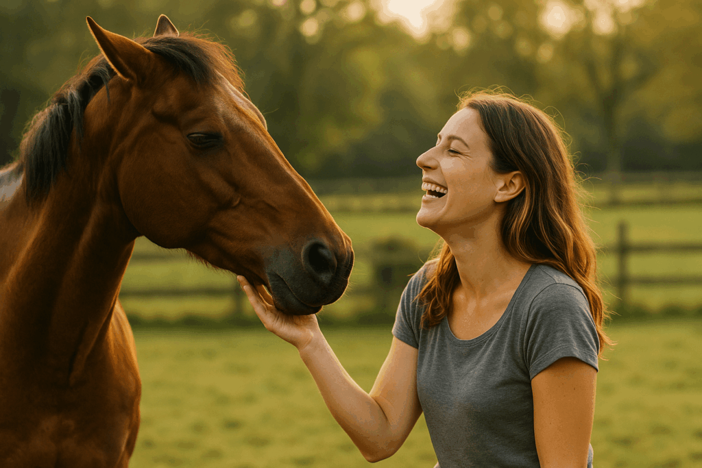 Cavalier caressant son cheval au pré, symbolisant la reconstruction du lien et la sérénité retrouvée après la peur de la chute.
